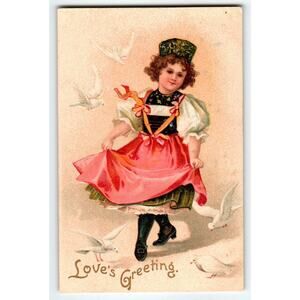 Loves Greetings Postcard Unsigned Ellen Clapsaddle Cut Girl White Doves Germany